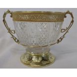 Victorian silver gilt and cut glass bowl in the Gothic revival style with thin scroll handles,