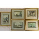 Set of 5 framed watercolours by Marion Thornton (22 cm x 17 cm, 17 cm x 22 cm, 22 cm x 19 cm ) (size