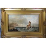 Gilt framed oil on canvas of a nautical scene signed lower left corner 48 cm x 33 cm (size including