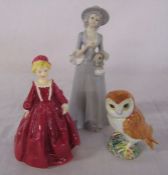 Royal Worcester 'Grandmother's Dress' figurine no 3081, Beswick owl and a Lladro style figurine