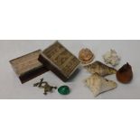 2 silver framed decorative boxes, seashells, small malachite egg, brass frog and wooden pear