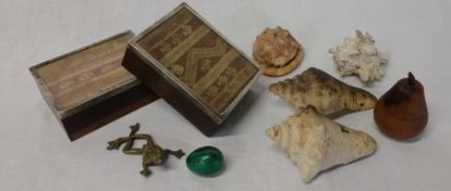 2 silver framed decorative boxes, seashells, small malachite egg, brass frog and wooden pear