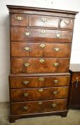 Early 18th century walnut veneered chest on chest with brass plate handles H 178cm W 102cm