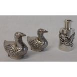 2 Chinese silver pepper casters in the form of ducks and silver cylindrical pepper with raised