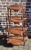 Late Victorian walnut veneer 4 tier whatnot with pierced fretwork & box wood inlay