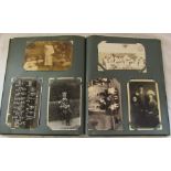 Postcard album relating to social history inc military, naval, family groups, houses, work related