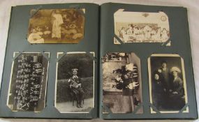 Postcard album relating to social history inc military, naval, family groups, houses, work related