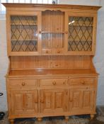 Pine Welsh dresser with leaded glass doors Ht 197cm W152cm