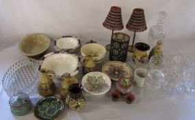 Mixed box of glassware, Studio pottery inc Alvingham, candle lamps, decanter etc