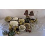 Mixed box of glassware, Studio pottery inc Alvingham, candle lamps, decanter etc