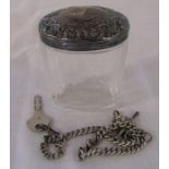 Silver topped dressing table pot & a silver watch chain