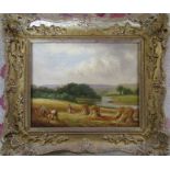 Gilt framed oil on canvas of a harvest scene by W H Lewis 35 cm x 30 cm (size including frame)