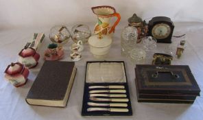 Various ceramics, glassware, money tin, book, silver plate & Smiths clock