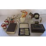 Various ceramics, glassware, money tin, book, silver plate & Smiths clock