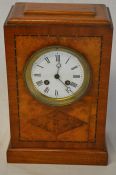 Mixed wood Art Deco mantel clock with enamel dial Ht 30cm