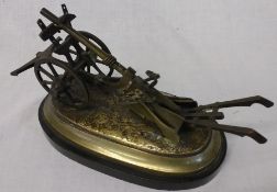 19th century bronze desk model of an agricultural plough mounted on oval slate base width 20cm