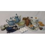 Denby teapot and coffee pot, selection of cutlery, Portmeirion Pomona and Botanic Garden bowls,
