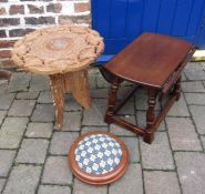 Carved wooden occasional table, footstool & small drop leaf table