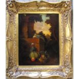 19th century gilt framed oil on board / panel of birds and fruit initialled C M 48 cm x 56 cm (