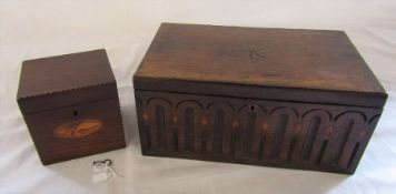 Square tea caddy with shell motif  & a wooden box