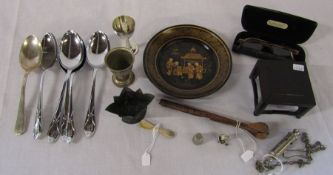 Various items inc spoons, carved miniature spoon, thimble, 'Metropolitan' whistle, leather weight,