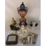 Various ceramics inc jardiniere & Wedgwood, Shortland Smiths barometer, postcards and ephemera