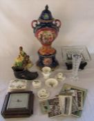 Various ceramics inc jardiniere & Wedgwood, Shortland Smiths barometer, postcards and ephemera