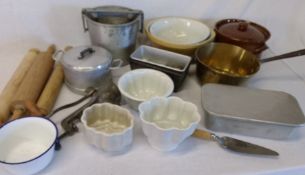 Selection of kitchenalia including rolling pins and ceramic jelly moulds