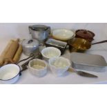 Selection of kitchenalia including rolling pins and ceramic jelly moulds