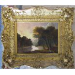 Early Victorian gilt framed oil on board of a tree lined river 32 cm x 28 cm (size including frame)