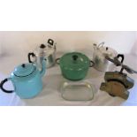 Cast iron lidded pot, enamel tea pot, 2 stainless steel large tea pots & a set of scales
