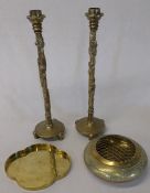 Pair of Oriental brass lamp bases / candlesticks with raised dragon motifs, small brass tray with