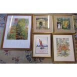 4 framed watercolours and a poster print by Nicholas Verrell