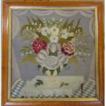 Maple framed Victorian tapestry of a vase of flowers 55 cm x 58 cm (size including frame)