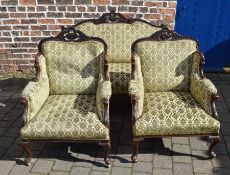 Late 19th / early 20th century carved mahogany two seater sofa and matching chairs on cabriole legs