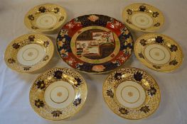 6 gilded 19th century dishes with impressed mark M Mason & a large dish with Mason's Patent