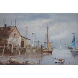 Large oil on canvas depicting harbour scene signed Brian ? 91cm x 59.5cm