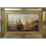 Gilt framed oil on canvas of a harbour / port scene attributed to A Hunt 1881 47 cm x 32 cm (size