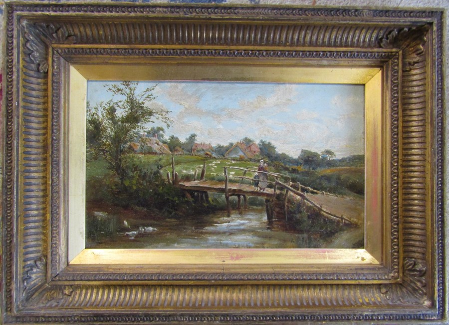 Oil on board of a rural bridge scene by F G Skeats 39 cm x 29 cm (size including frame)