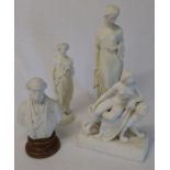 4 Parian figures - Copeland figure of girl holding flowers height 45cm (chip to base and foot