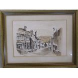 Framed pen and ink drawing of Haworth by W Dickinson 1985 45 cm x 34 cm (size including frame)