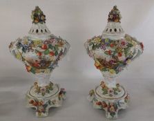 Pair of Sitzendorf porcelain lidded pot pourri vases with pierced covers, encrusted with fruit and