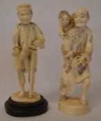 2 Meiji period ivory okimono of man with a child on his back (missing parasol) & a man with a bamboo