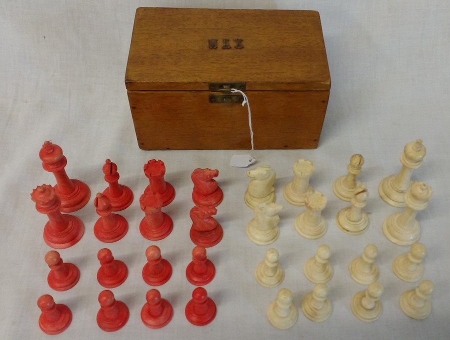 Bone chess set, red and natural in hand made wooden box