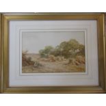 Framed watercolour of a harvest scene initialled D.B 58 cm x 45 cm (size including frame)