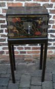 Small late 19th/20th century Chinese black lacquer cabinet on stand H 104cm D 30cm W 45cm