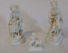 Pair of Parian figurines man and woman with goats height 23cm and small Portuguese Sacarem cherub