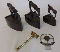 3 Victorian flat irons, brass gavel & Jaguar Drivers Club badge
