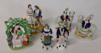 Selection of Staffordshire figures, man and woman holding grapes and apples 19cm high, 2 flatback