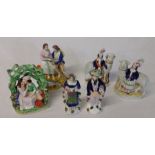 Selection of Staffordshire figures, man and woman holding grapes and apples 19cm high, 2 flatback